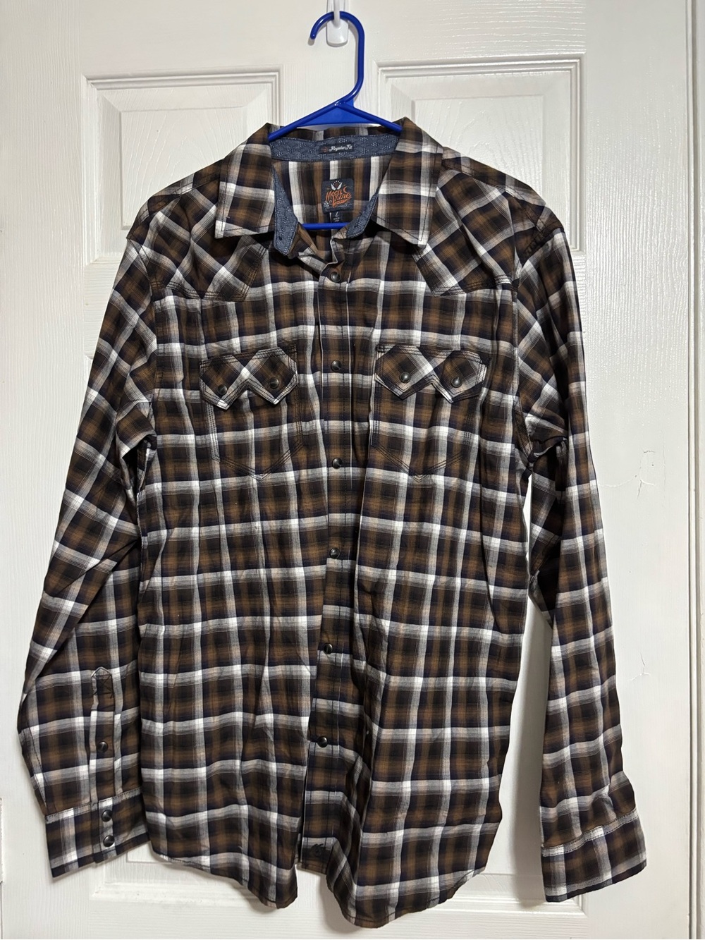Moon Shine Brown Plaid Western Snap Shirt Sz L VGUC